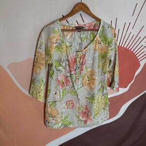 Tommy Bahama Women's Small Floral Print Cotton Silk Blend Henley Tunic Top